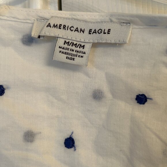 American Eagle White Tie Up Short Sleeve Crop Top with Blue Polka Dots - Size M - Picture 4 of 7